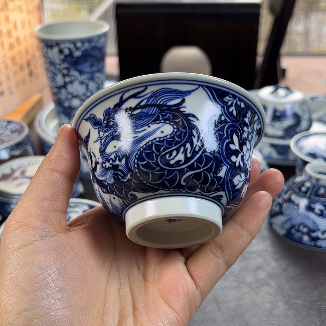 朝岚夕霞仿至正元青花原矿釉烧制全手绘主人杯