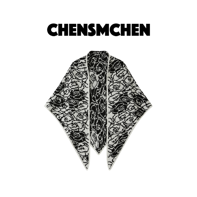 CHENSMCHEN 经典黑白配山茶花绵羊毛披肩女优雅百搭坎肩CSS8089WY