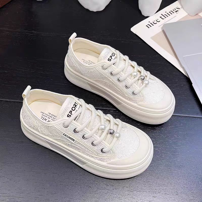 K02 米色 小白鞋女2025新款透气网面鞋百搭小众面包鞋厚底板鞋