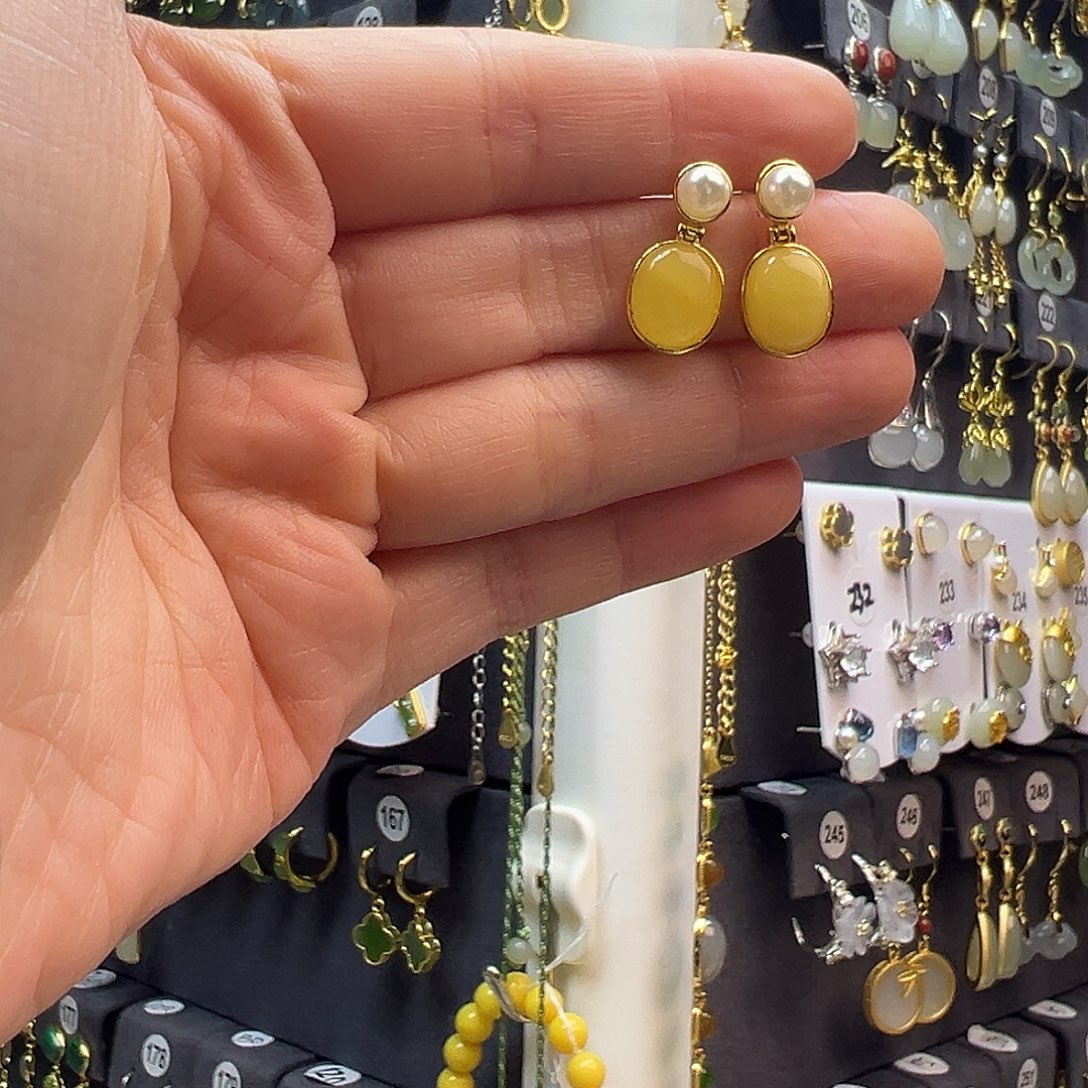 琥珀足银镶嵌耳饰通体纯银天然蜜蜡耳钉