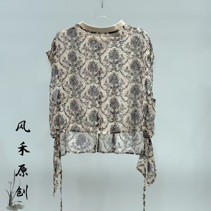 风禾原创【锦萝紫】夏季时尚复古洋气圆领印花乔其纱防晒小衫女