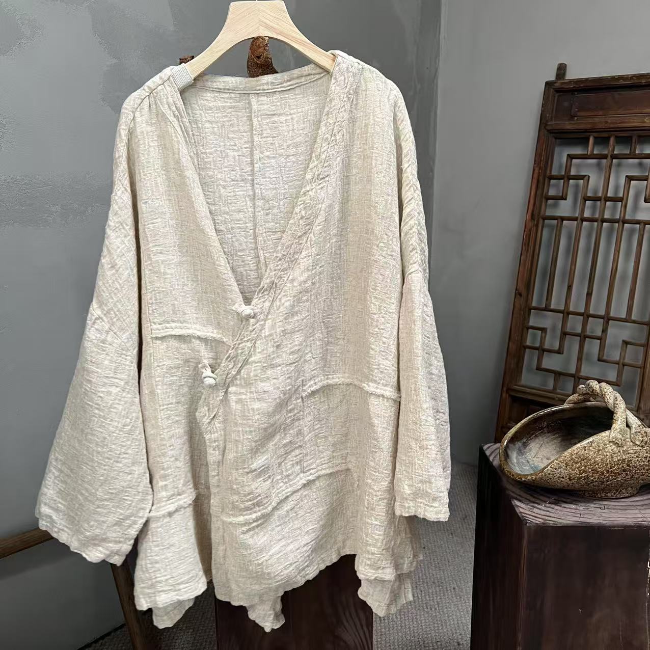 MX783 衣长70胸围160提花斜襟宽松型做旧日系格子麻料上衣外披