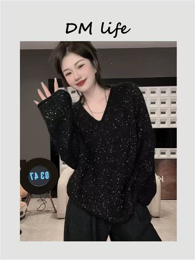 常规袖纯色树脂固色针织长袖毛衣黑色气质套头上衣法式女装