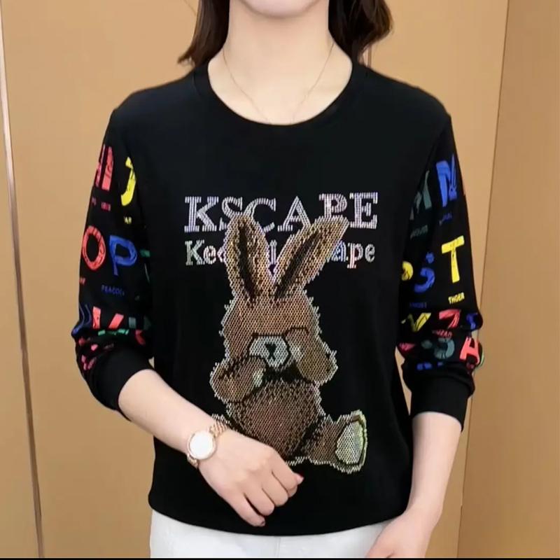 B115春季新款女士百搭圆领时尚印花袖拼接兔子烫钻宽松卫衣长袖