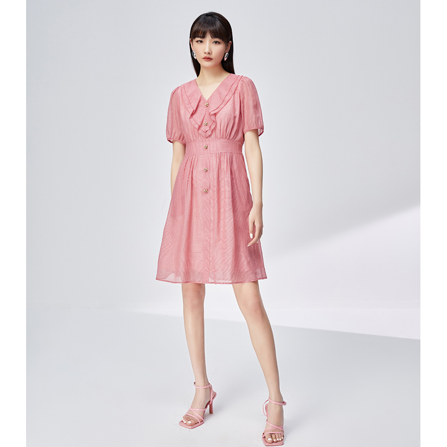 【直播专享】商场同款新品桑蚕丝对丝荷叶边领连衣裙N194A32960