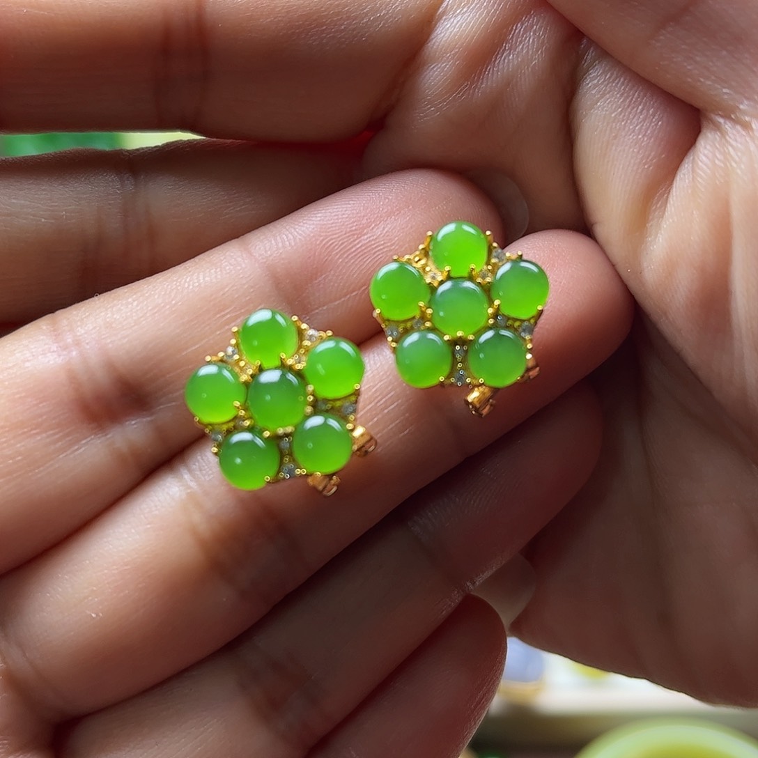 和田玉耳饰猫眼银S925镶嵌