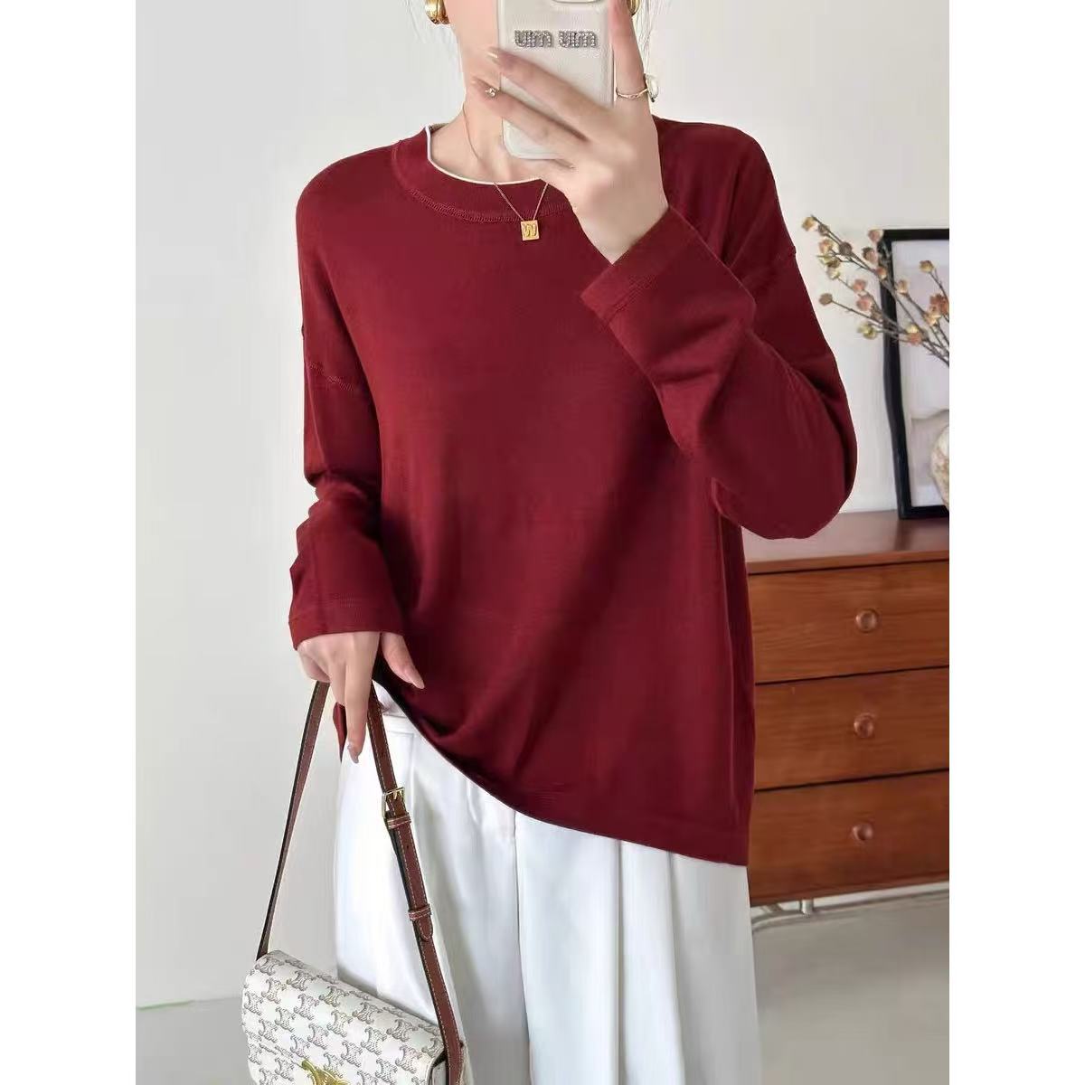 小静折扣~J389 春季撞色圆领宽松长袖针织衫（衣长59/70（80-150斤）