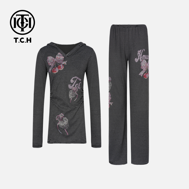 TCH私服秋款烫钻工艺时尚百搭休闲条纹套装女T75C07E1012轻奢tch