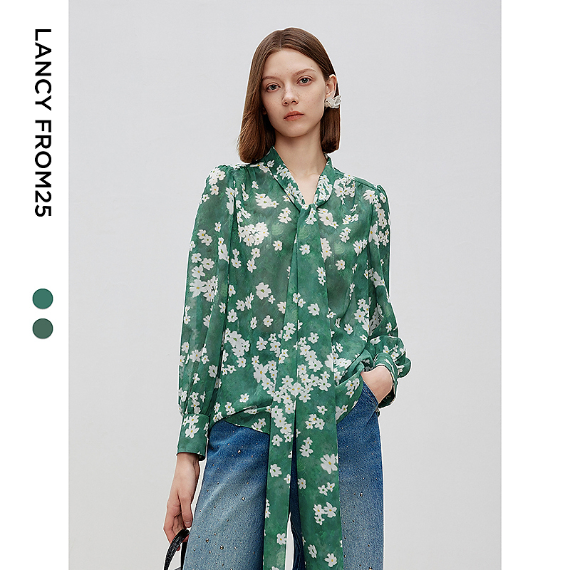 L051【赵老板】朗姿法式碎花飘带领衬衫25年春季通勤打底上衣