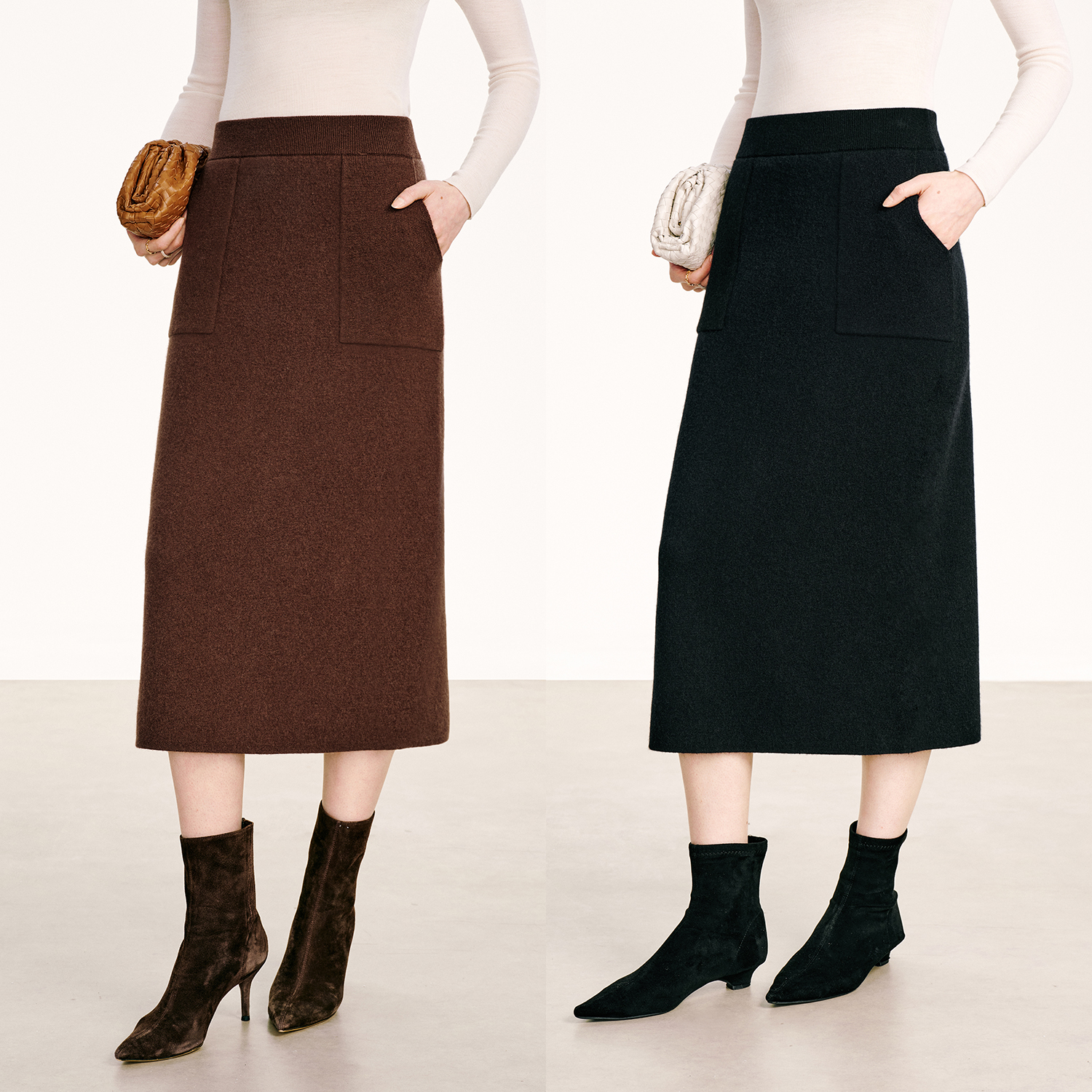 COKEYA/加厚”纸片裙“~四平针羊毛羊绒高腰显瘦开叉直筒针织半裙