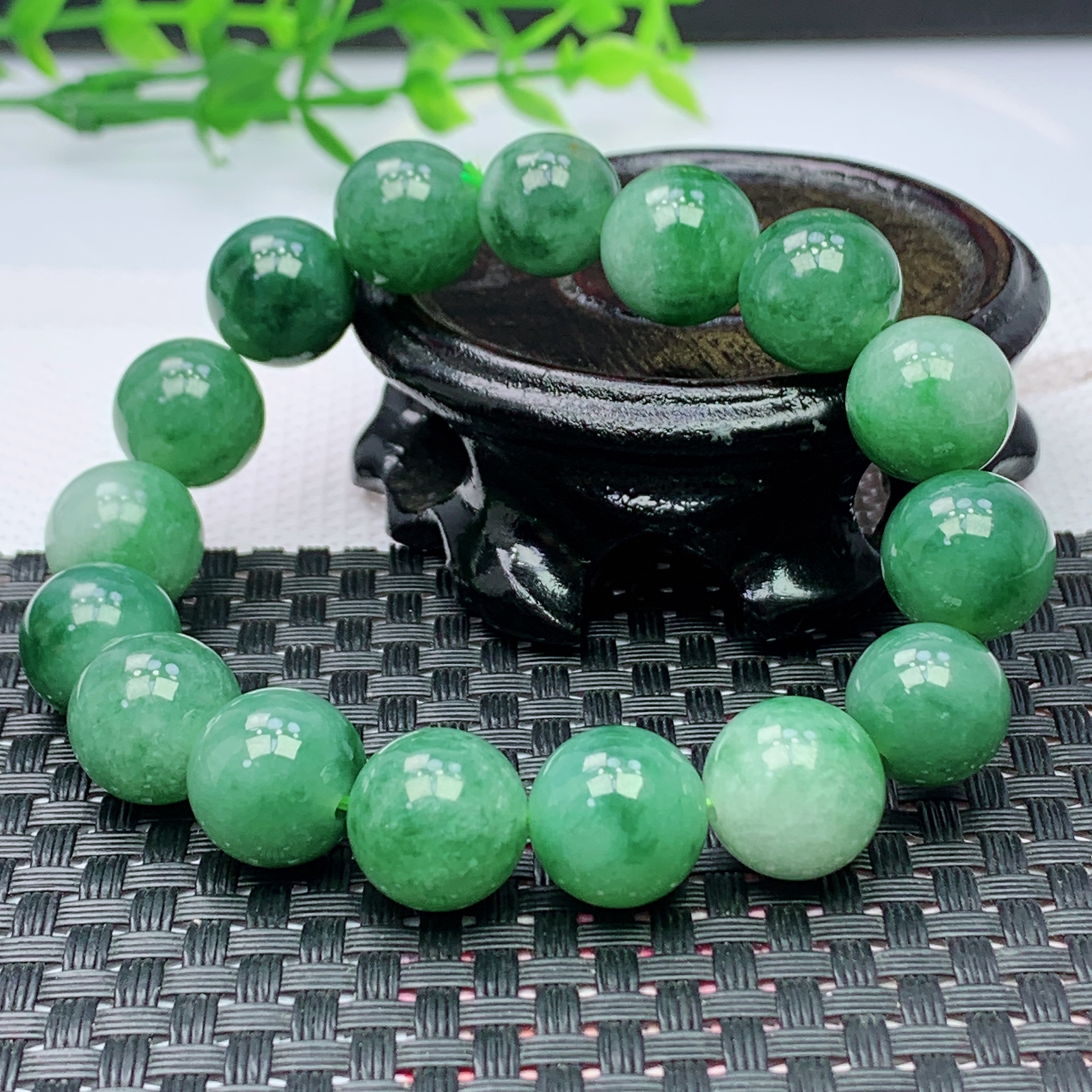 缅甸天然A货翡翠 满绿圆珠手串手链  珠大13mm 16颗