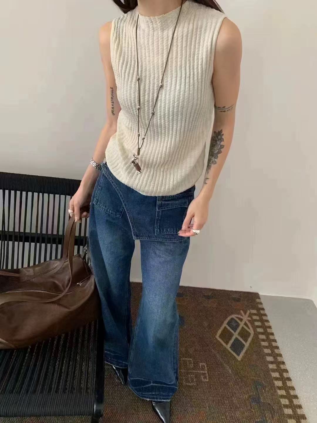 68132常规无弹中高腰直筒裤适中牛仔裤直筒高腰显瘦拼接蓝色