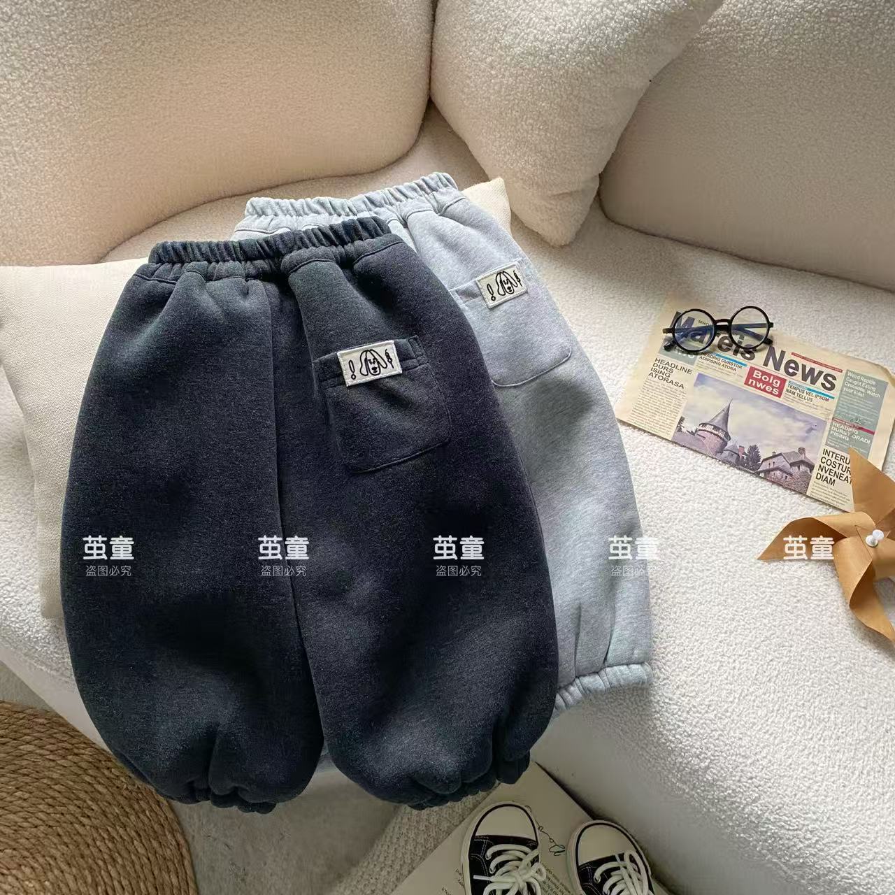 【麦麦妈】D287冬季小童小狗贴标厚绒卫裤新品男女宝宝保暖舒适