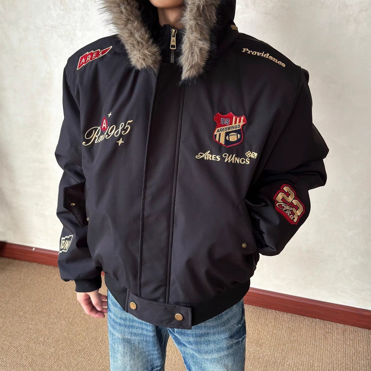 美式复古刺绣徽章座山雕毛领棉衣外套男女冬季保暖可拆卸连帽夹克