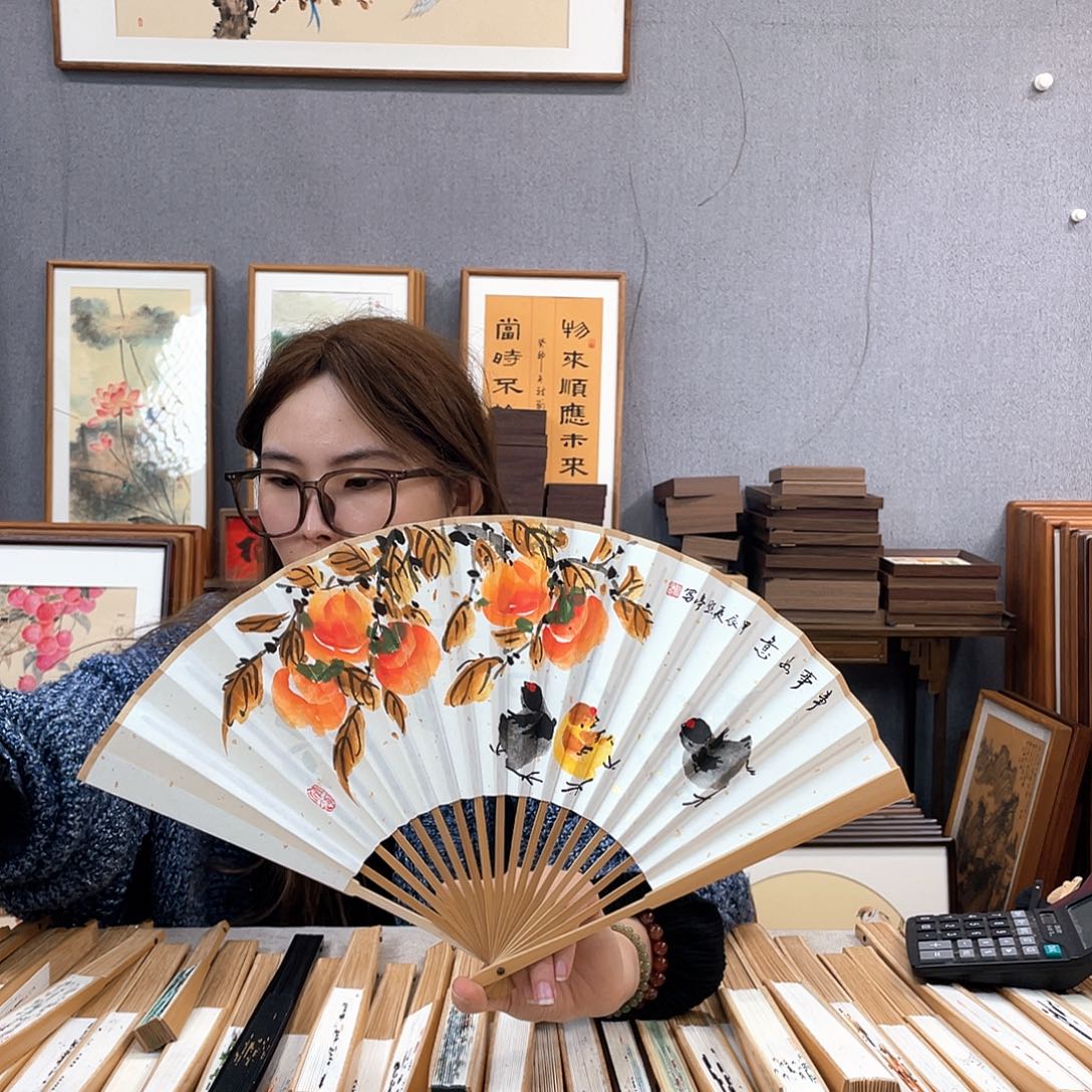 国画8寸玉竹-纯手绘-文玩扇骨（默认粘好）