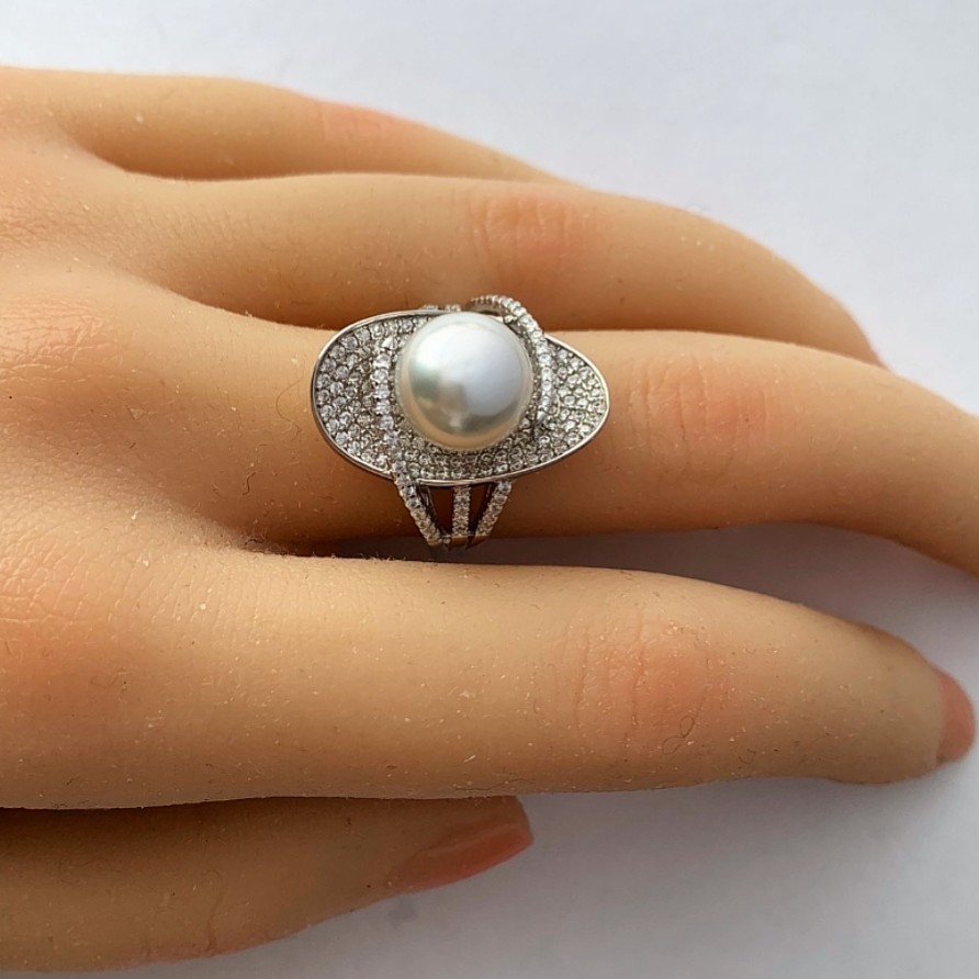 10mm海水珍珠澳白戒指s925银戒托密钻镶嵌精致设计款