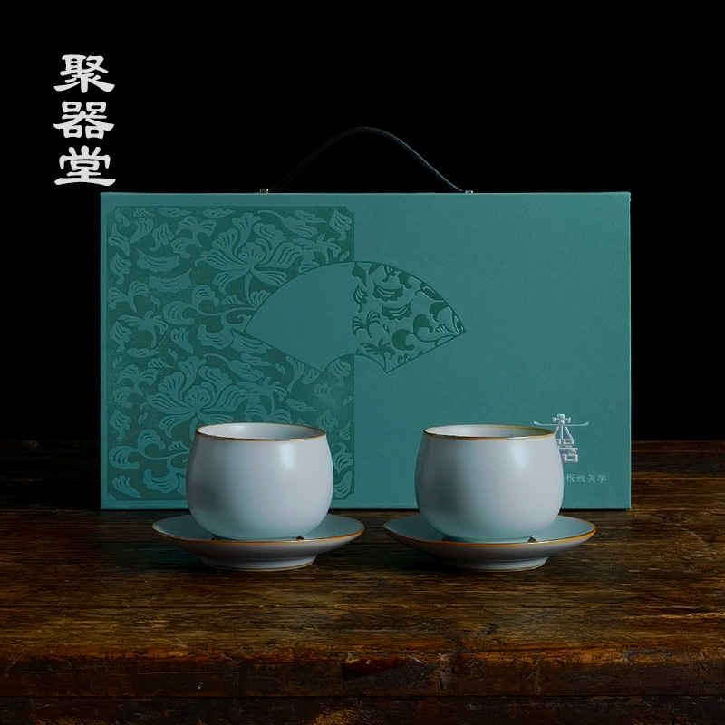 自产自销-聚器堂陈文哲老师天青汝窑圆圆满满配碟对杯礼盒装手工