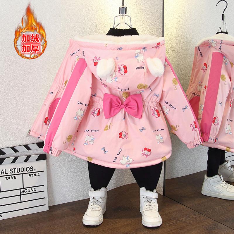 洋气宝宝女童秋冬装新款棉服外套可爱蝴蝶结爱心口袋加绒加厚连帽