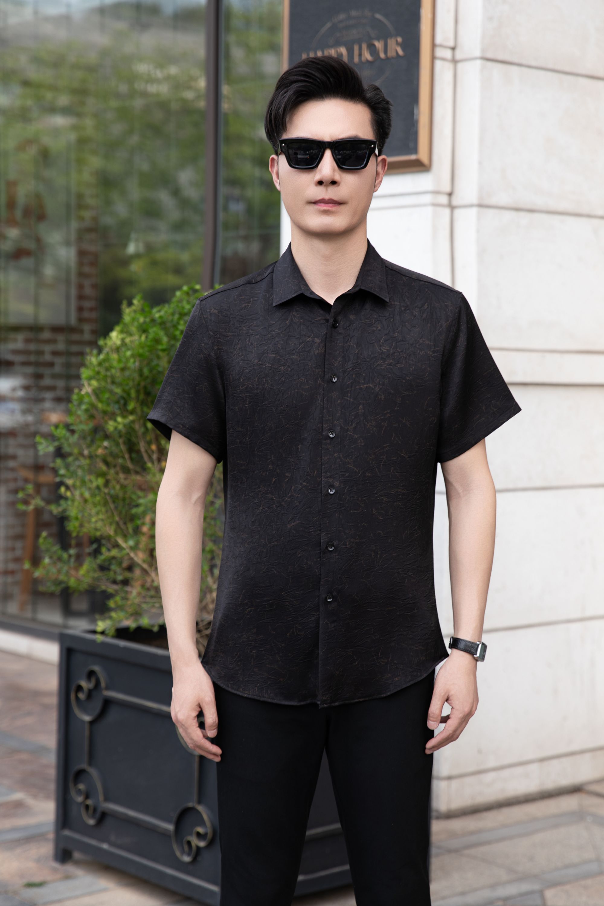 【香云纱】100%桑蚕丝香云纱透气吸汗速干高端休闲商务男士短袖衬衫