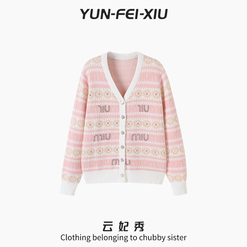 云妃秀大码女装针织衫时尚休闲胖妹妹显瘦遮肉日常V领上衣秋5867