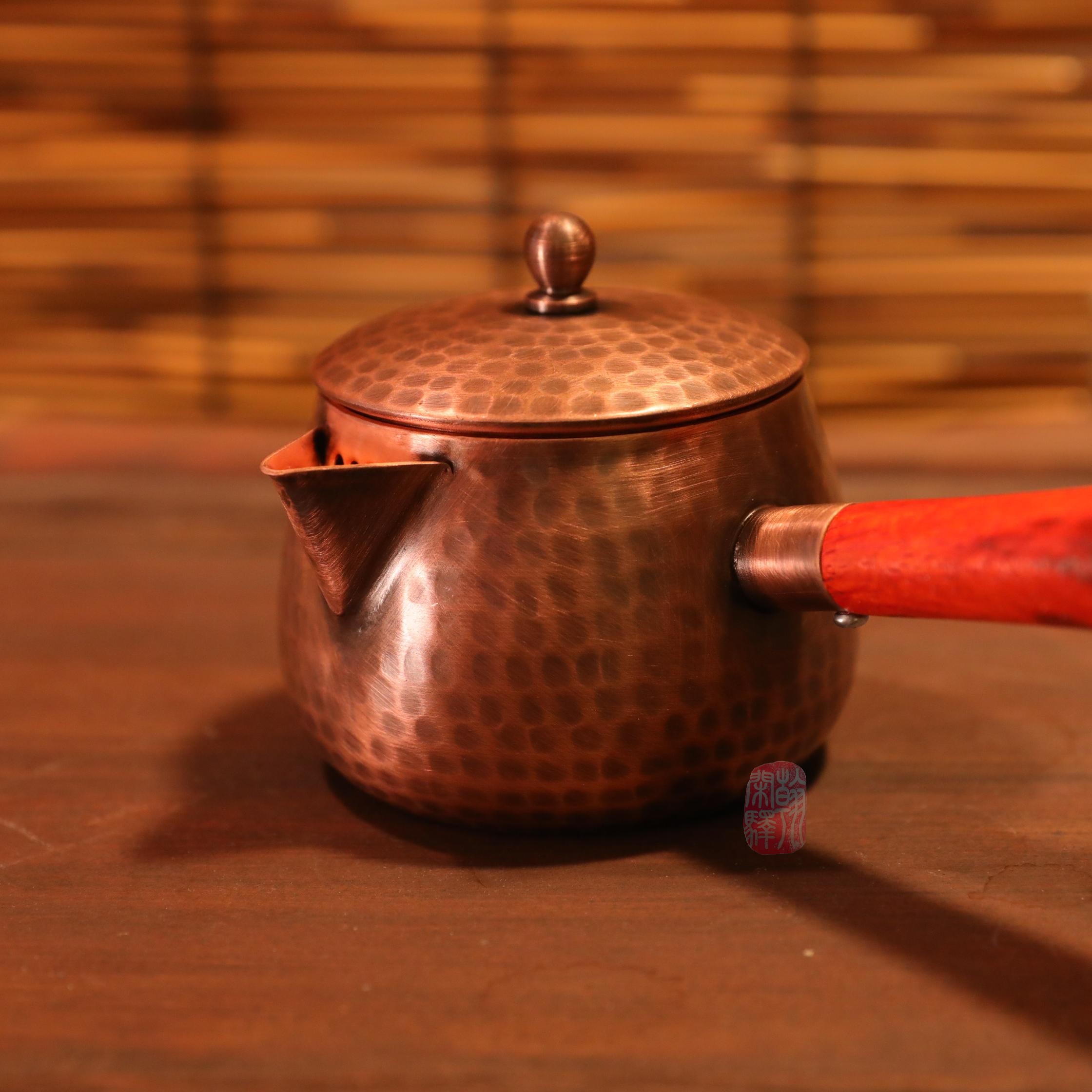 【翰闲阁】400ml 旧色锤纹一张打带盖带滤网实木侧把纯紫铜罐奶茶