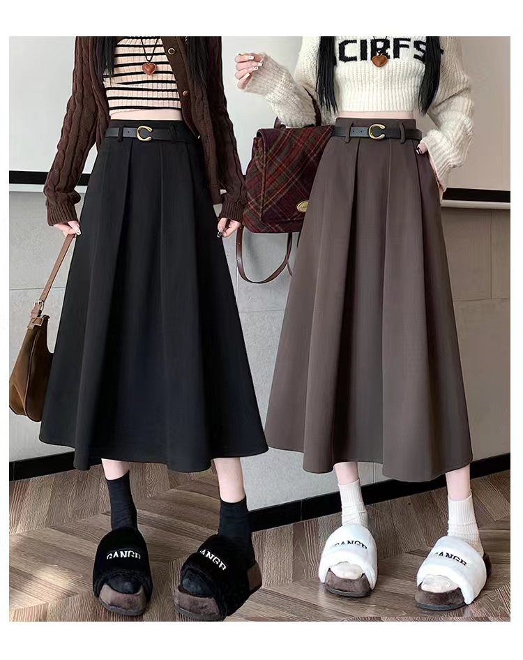 8【送皮带】秋冬新款毛呢半身裙高腰显瘦中长款女裙赫本风百褶裙