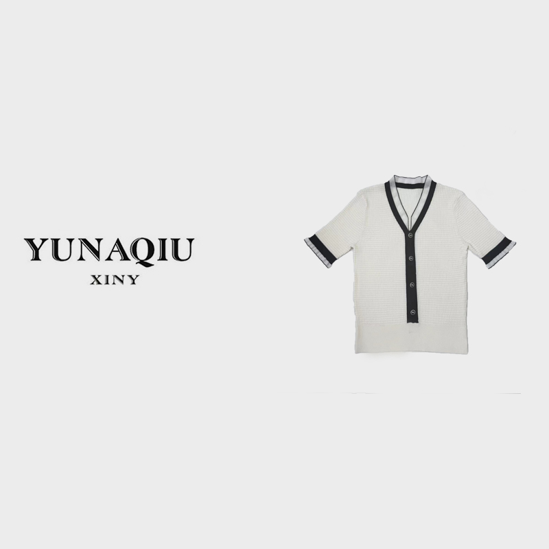 YUNAQIU 时尚甜美气质小香莱赛尔冰丝针织短袖套头衫-5959