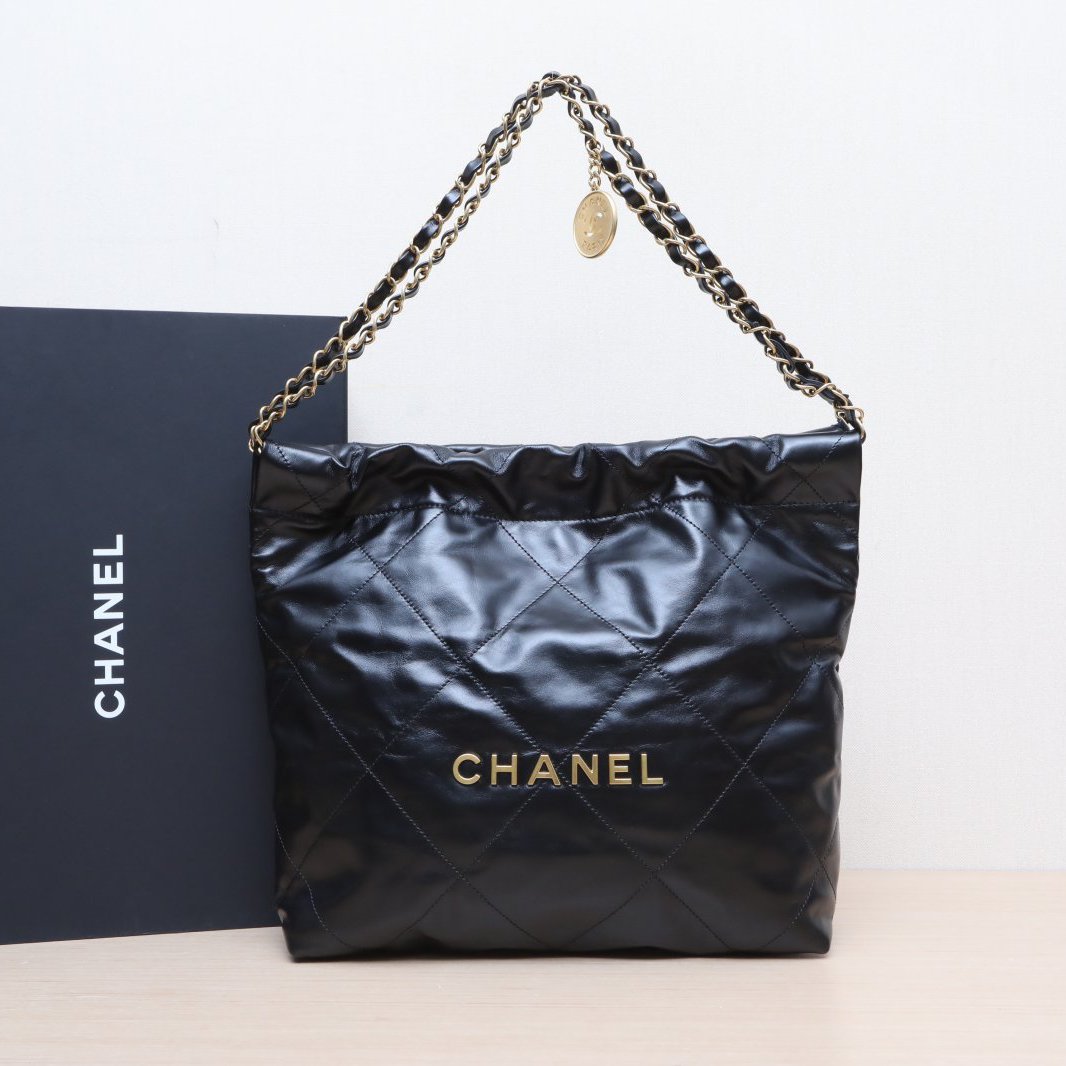 99新 Chanel/香奈儿 小花攀攀22Bag Tote小号 30cm黑色皮革S 芯片
