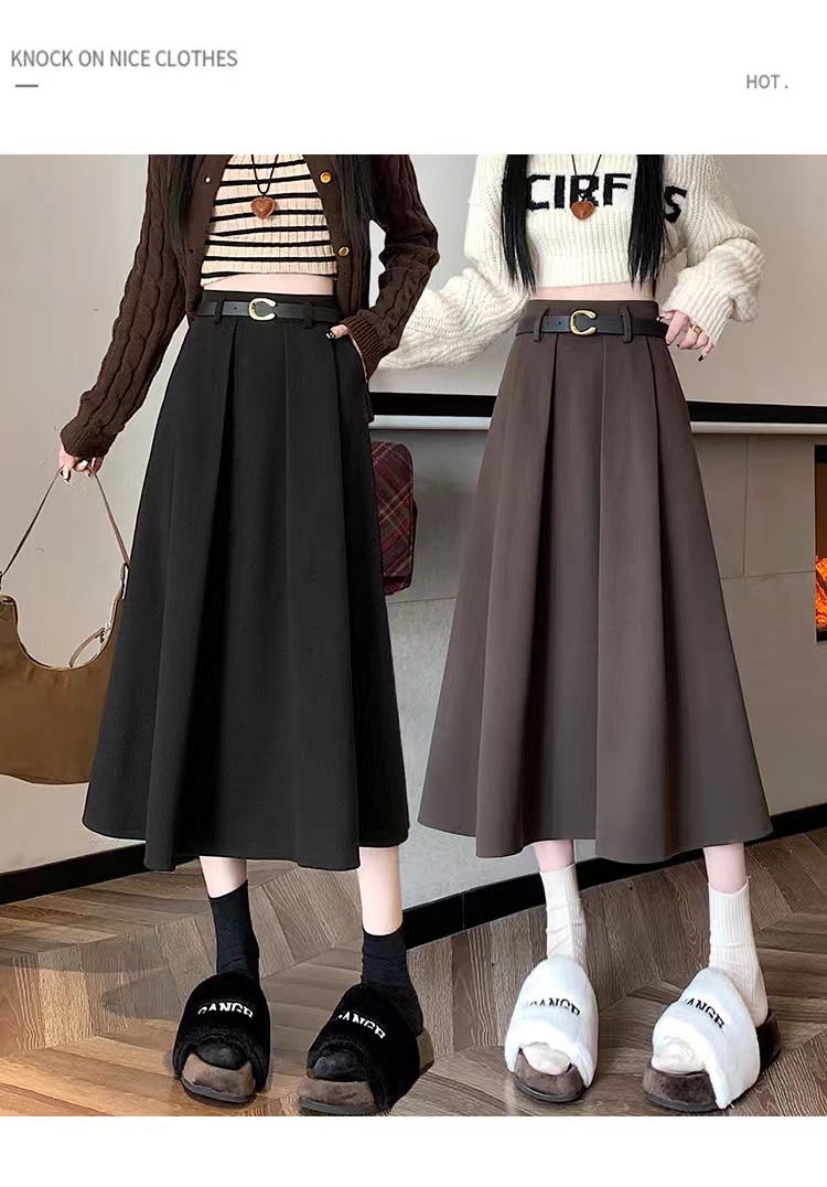 【送皮带】秋冬新款毛呢长裙A型大码女高腰半身裙显瘦中长款百褶裙