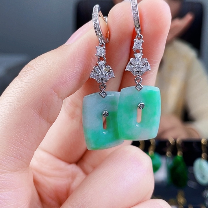 翡翠耳饰银S925镶嵌饰品