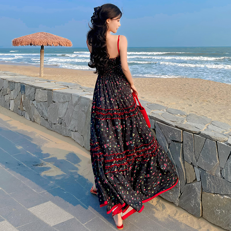 实拍阿卡波西米亚田园复古撞色碎花吊带连衣裙