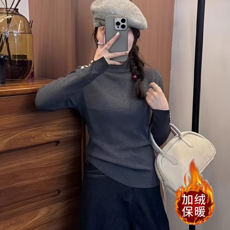 【加绒/不加绒】袖口带扣深灰色半高领针织打底衫女秋冬季软糯3049