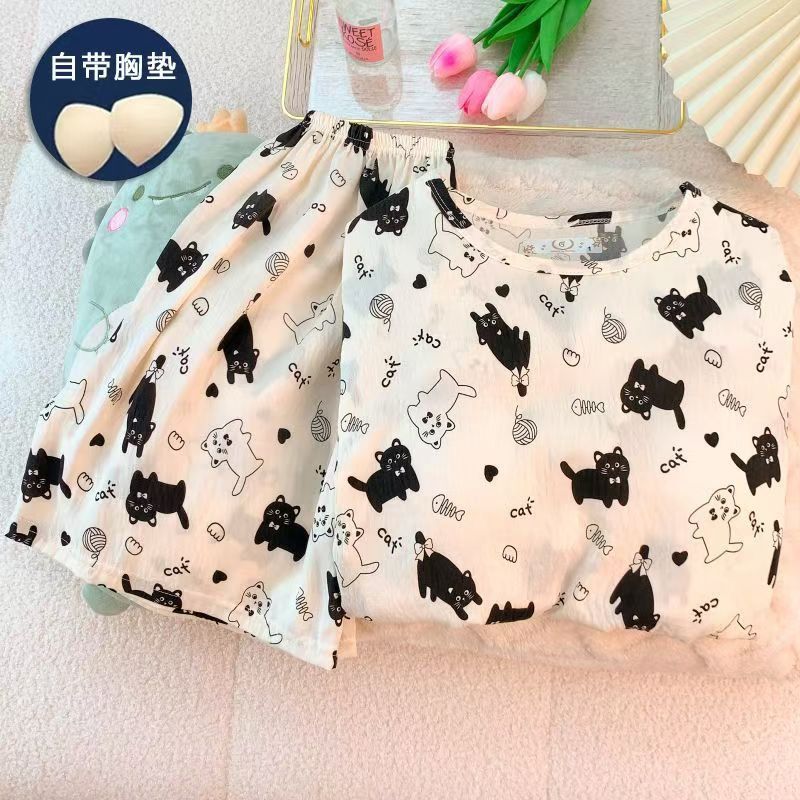 【笑笑专属】夏天短袖睡衣套装家居服带胸垫可外穿两件套薄款日式