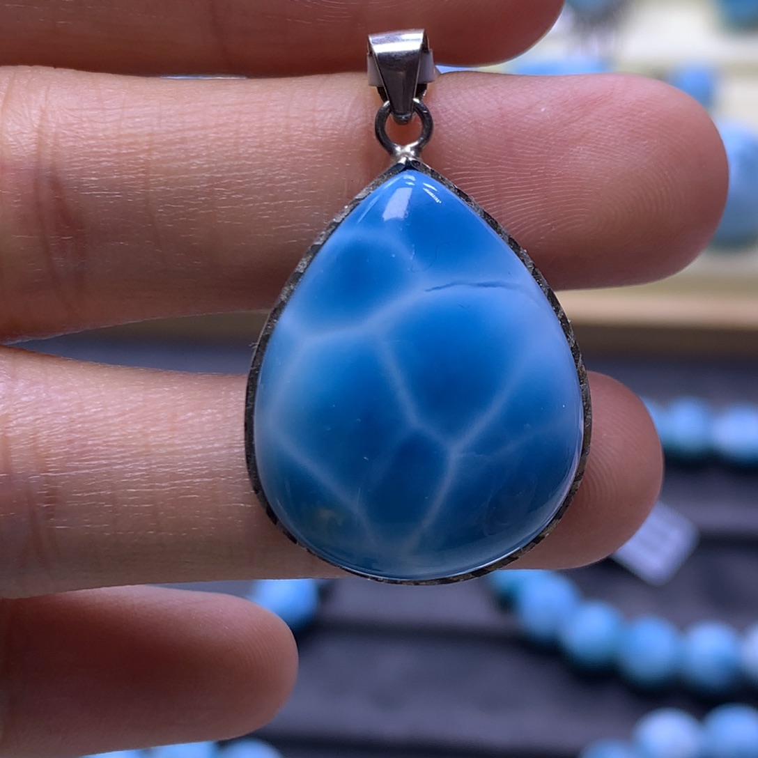 针钠钙石（海纹石）银S925镶嵌吊坠(不含链)水滴吊坠色差略异