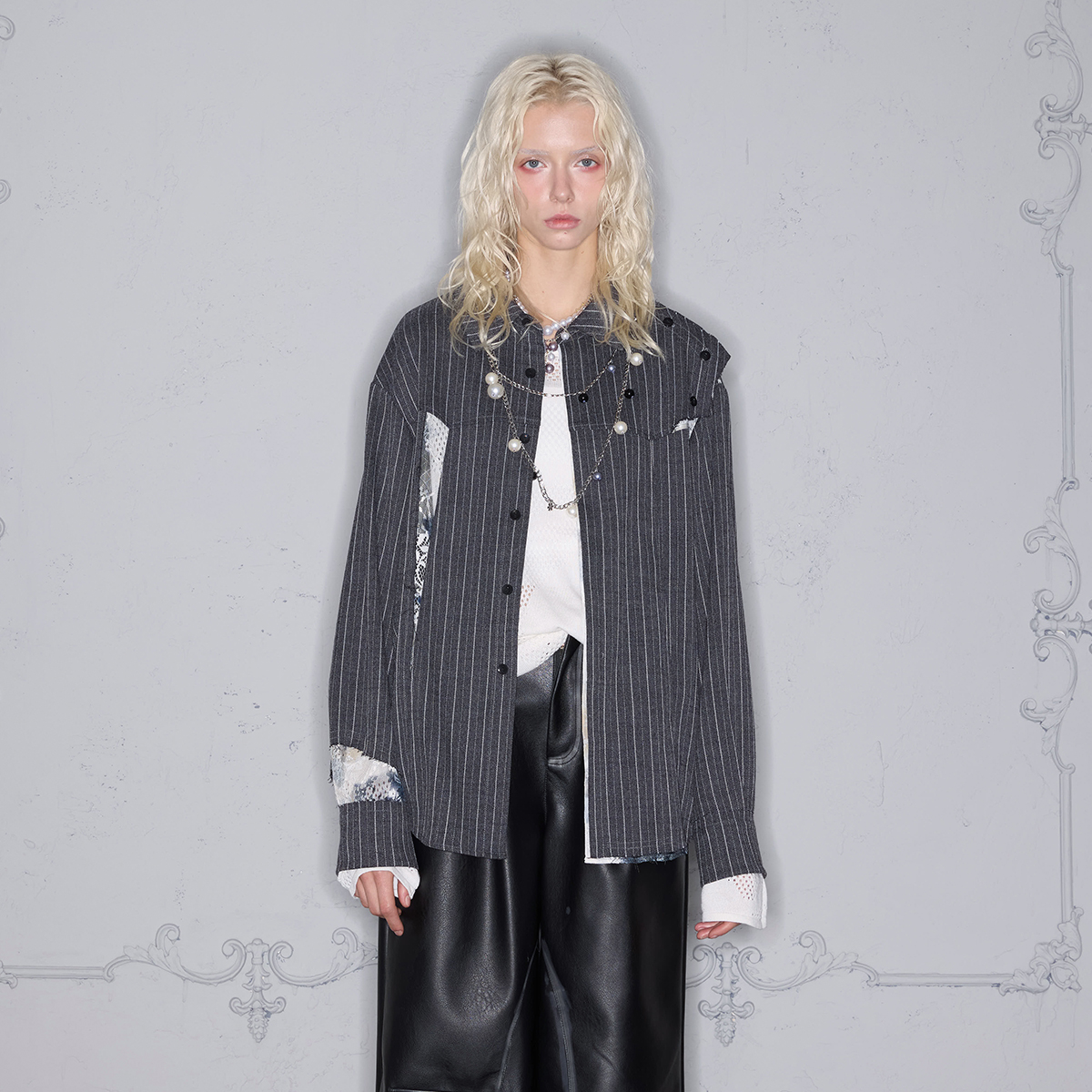 Rocawear明星同款条纹拼接蕾丝长袖条纹异形拼接衬衫外套