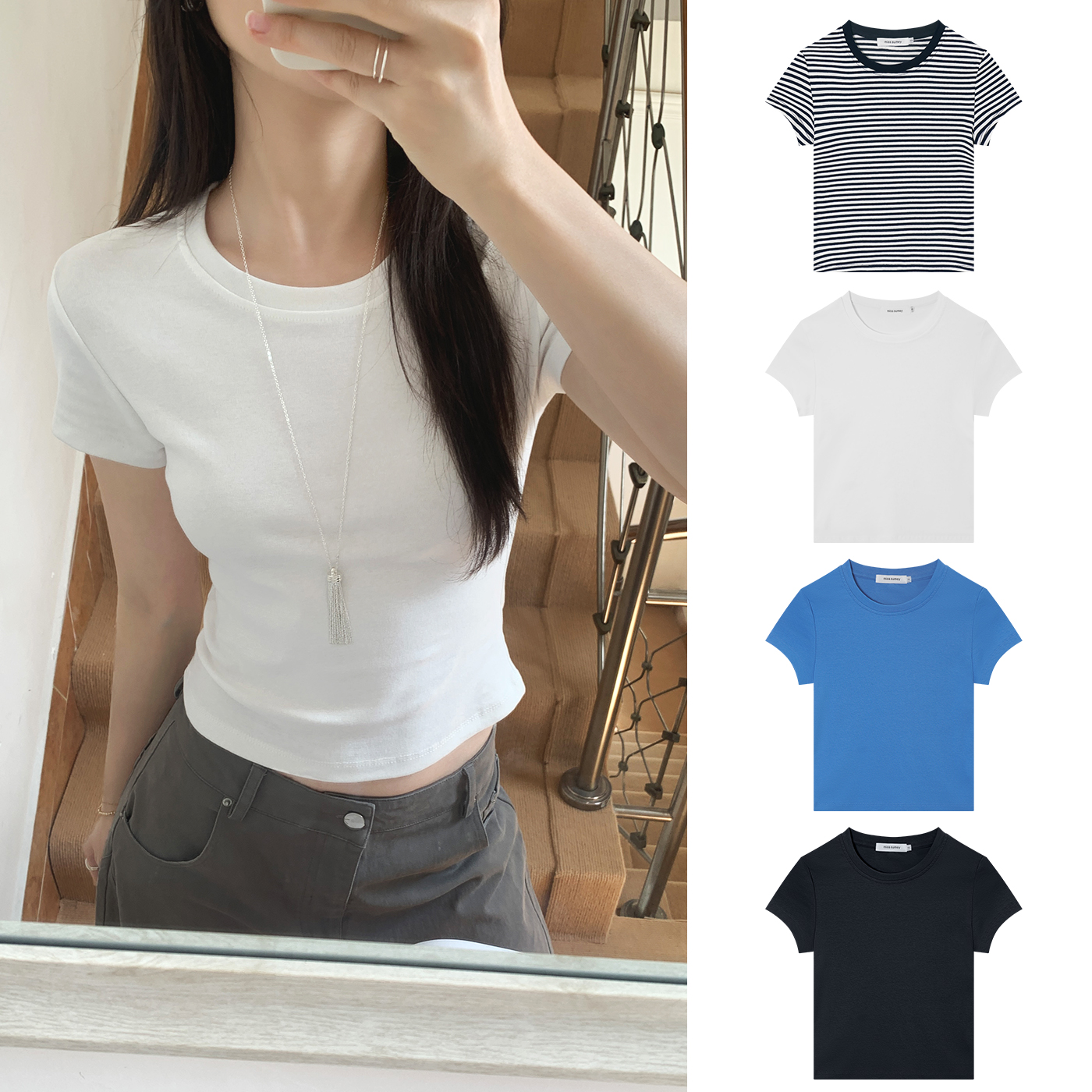 Miss sumeyY3845自制美式纯色休闲弹力修身正肩短袖条纹T恤女