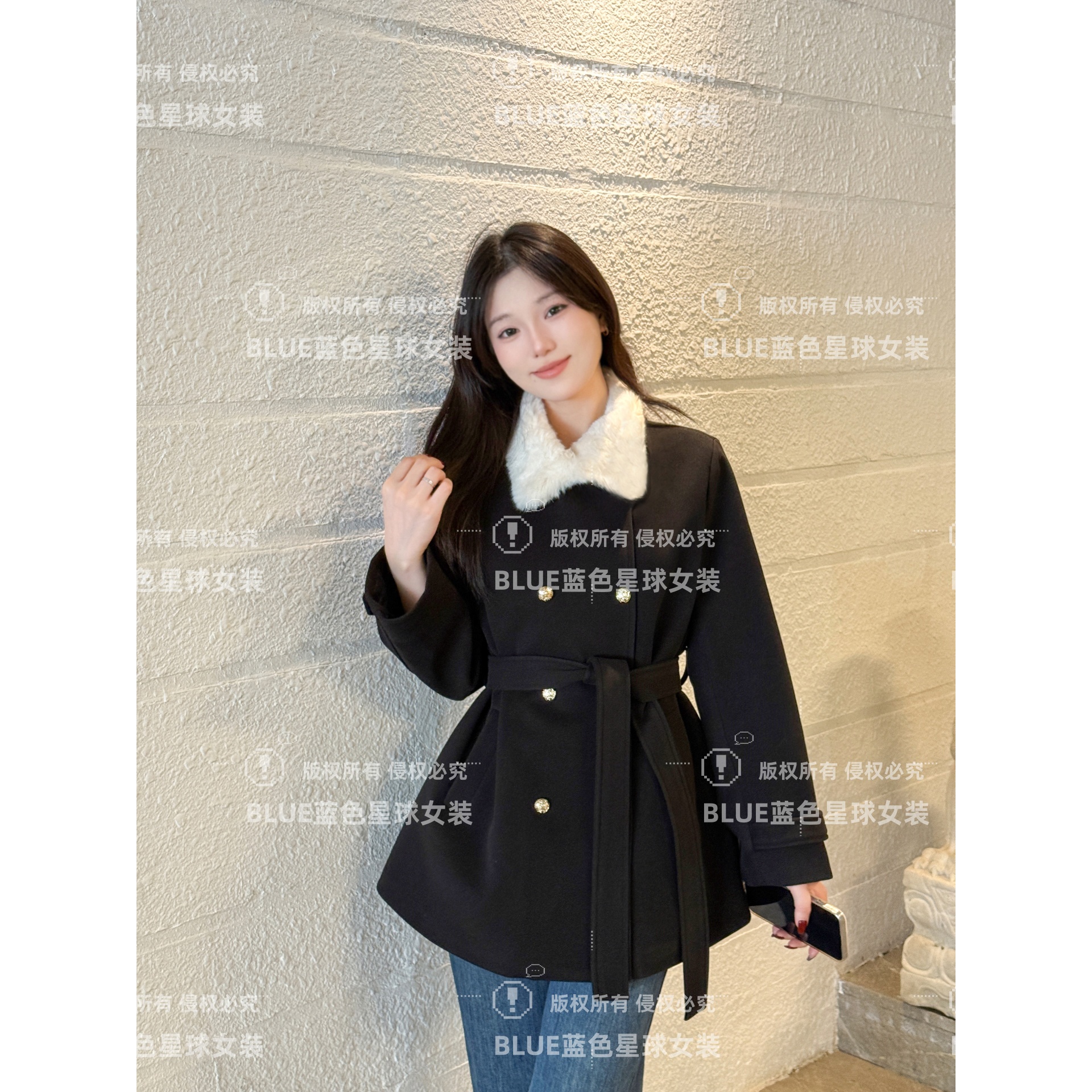 氛围感毛毛翻领双排扣收腰显瘦毛呢外套 深冬独特系带千金气质感