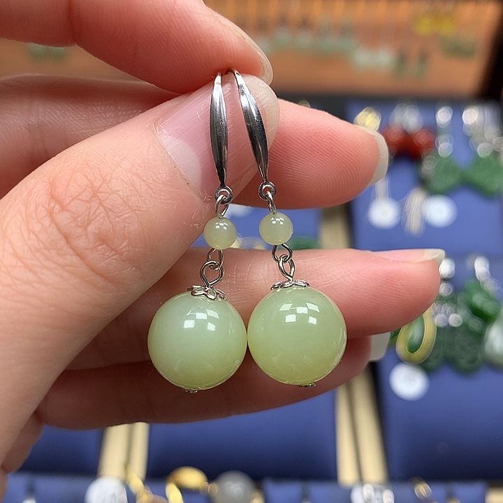 和田玉银S925镶嵌耳饰12左右黄口