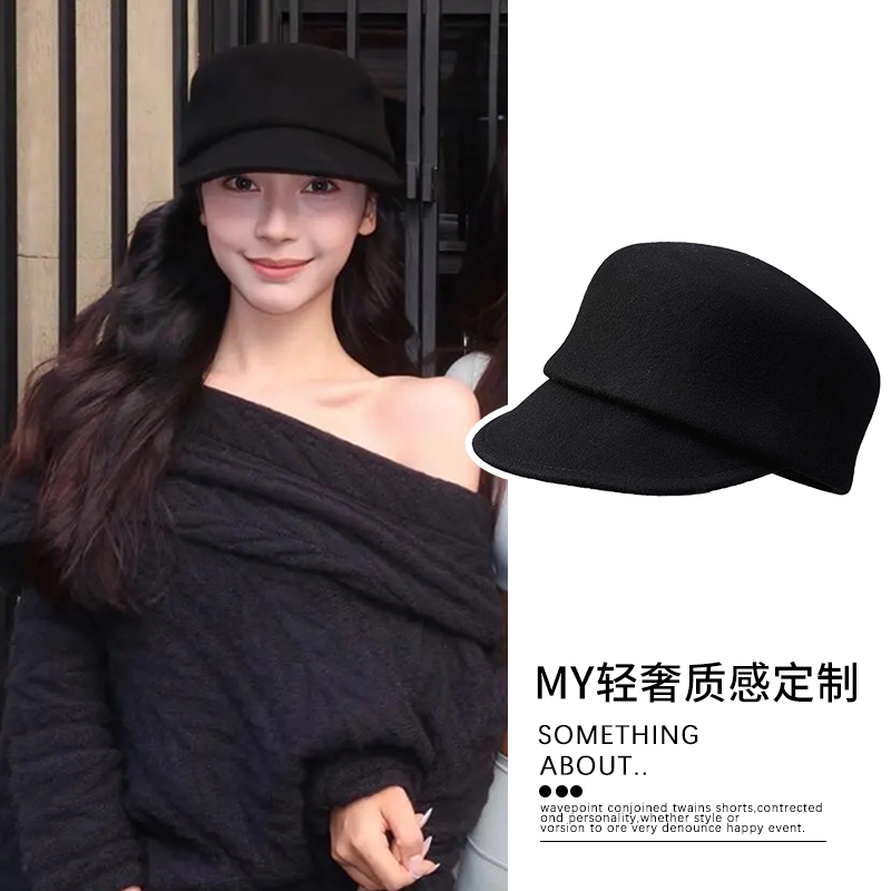 易梦玲同款羊毛呢骑士帽黑色马术帽显脸小鸭舌贝雷帽子贵气千金帽
