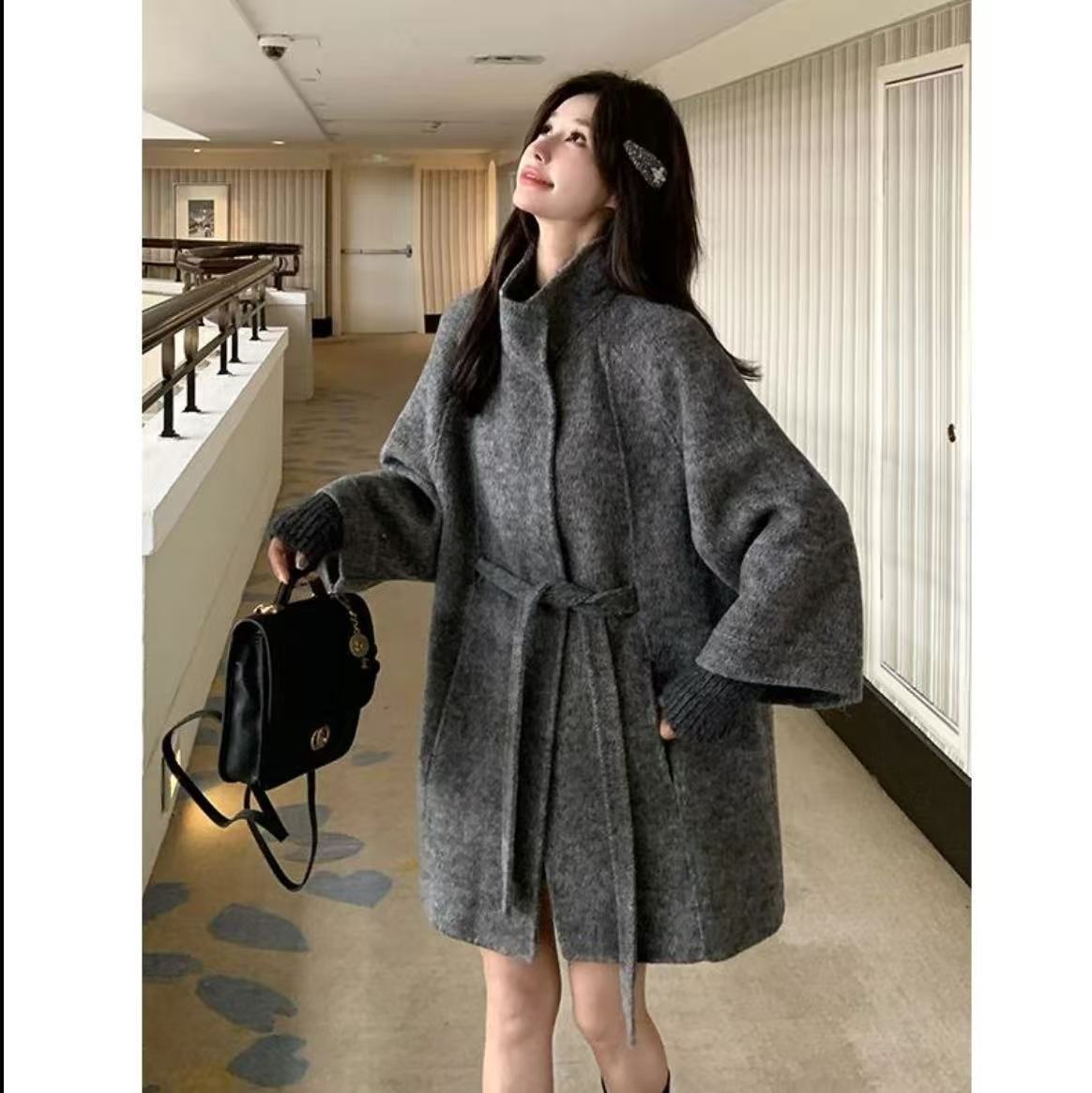 兔毛袖开衫大衣毛呢外套立领秋冬羊驼毛