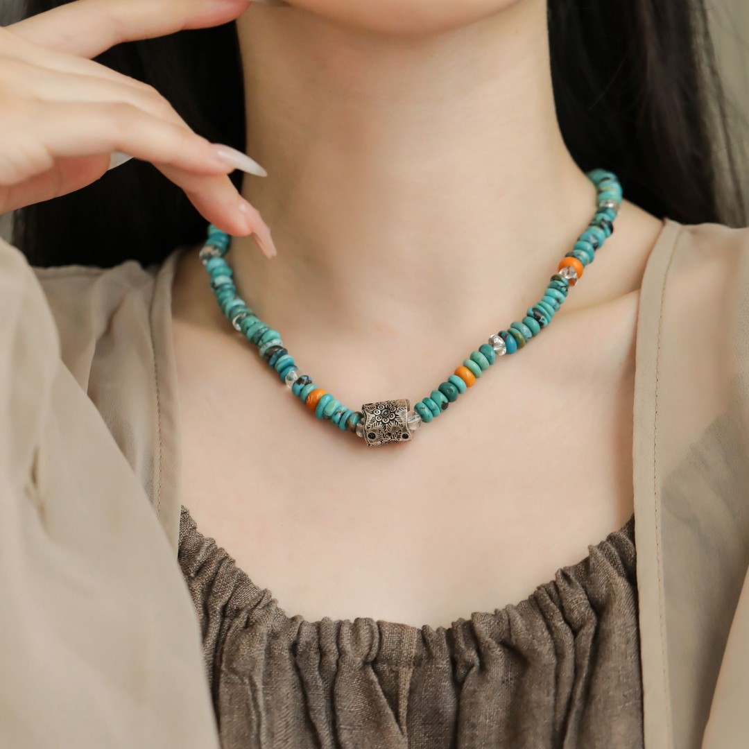 吊坠925银 N18130 绿色松松桶珠算盘珠项链民族风复古百搭新中式