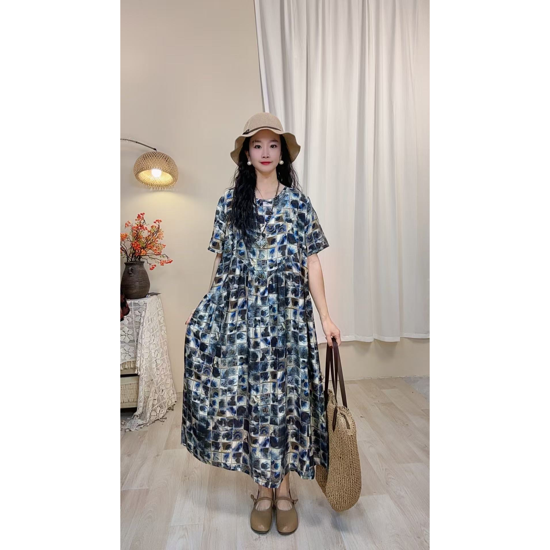 5032夏季新款清凉气质时尚复古遮肚宽松女显瘦百搭圆领休闲连衣裙
