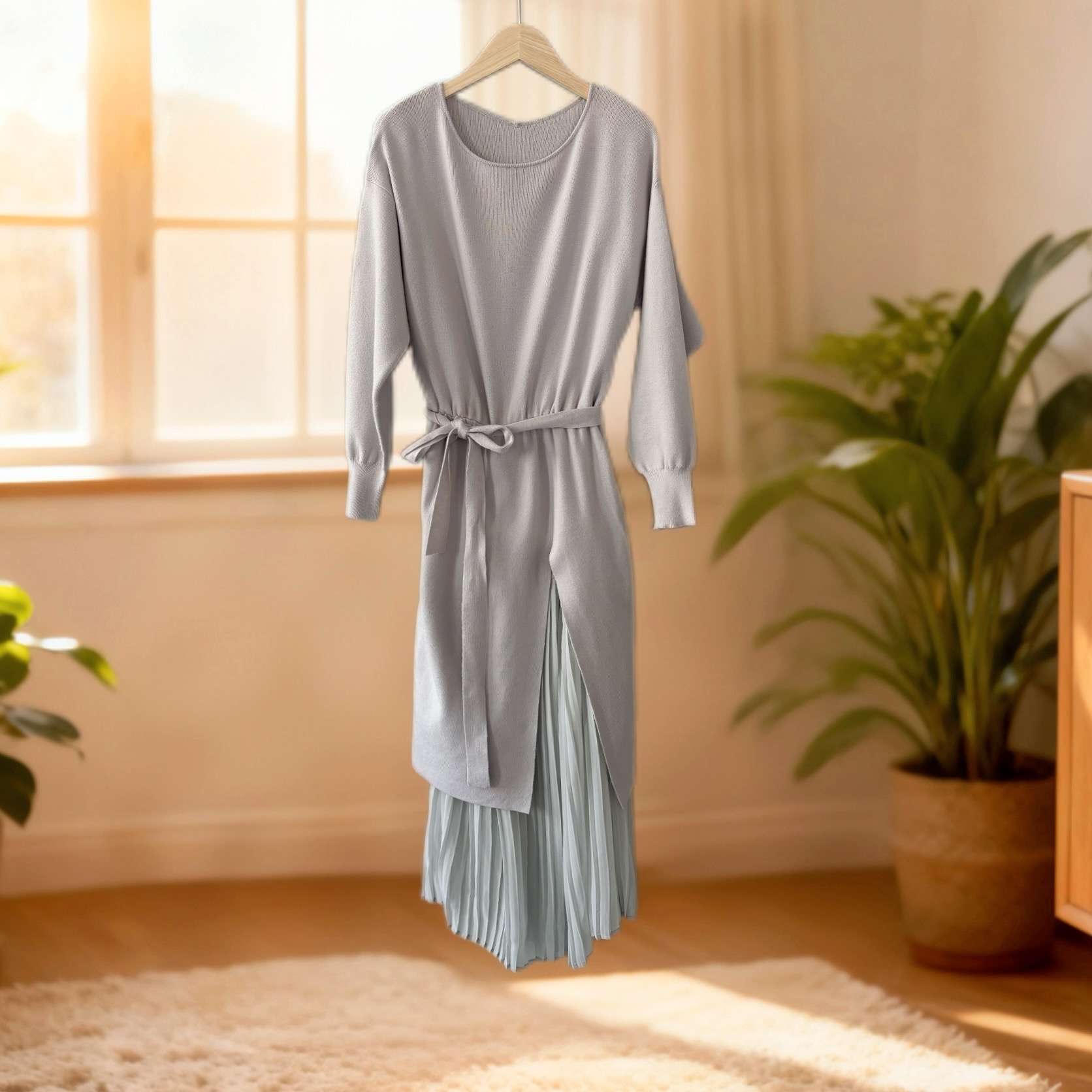 新新定制-套头中长款开叉法式叠穿百褶裙两件套针织连衣裙493617