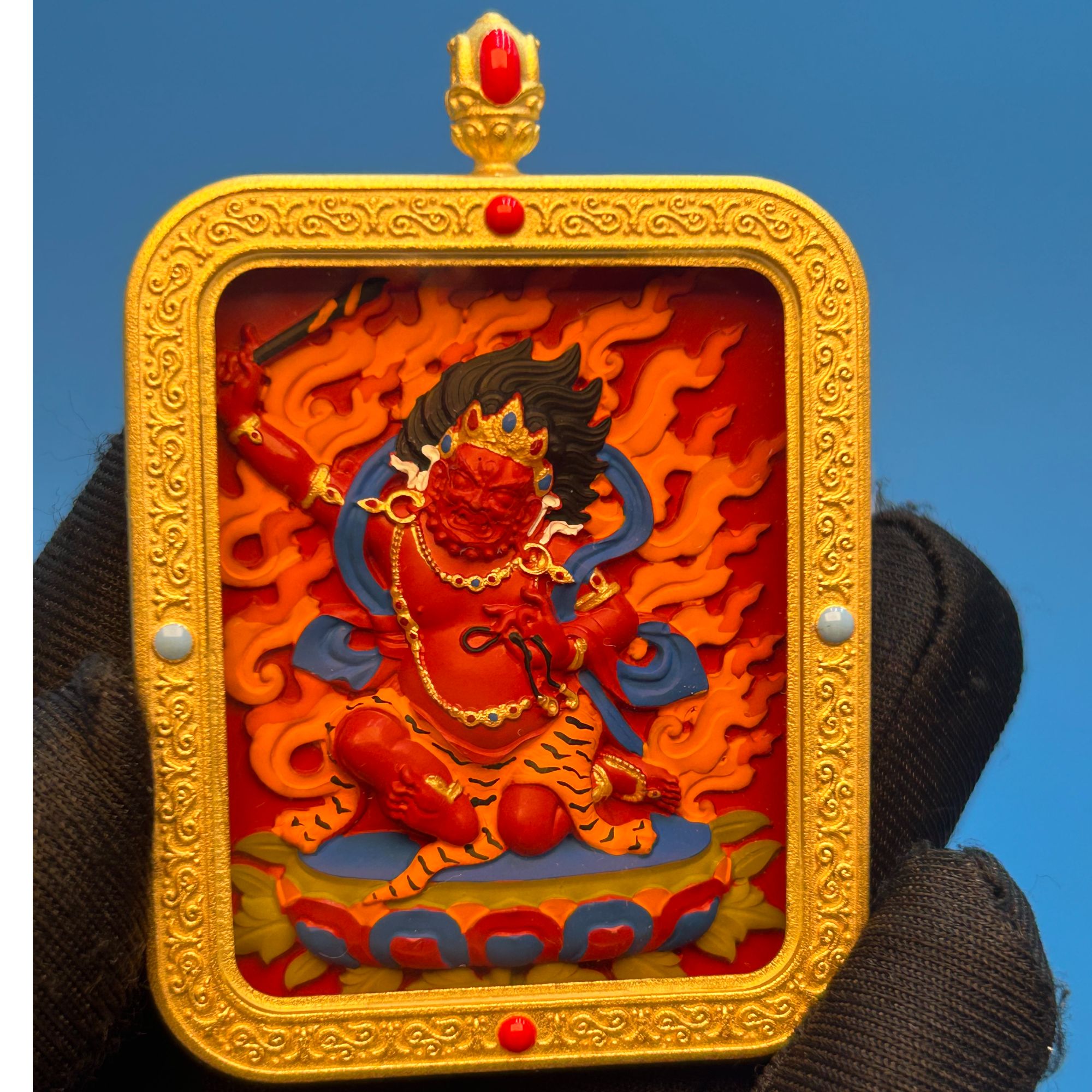 唐卡金色玲宝朱砂彩绘擦擦 不动明王