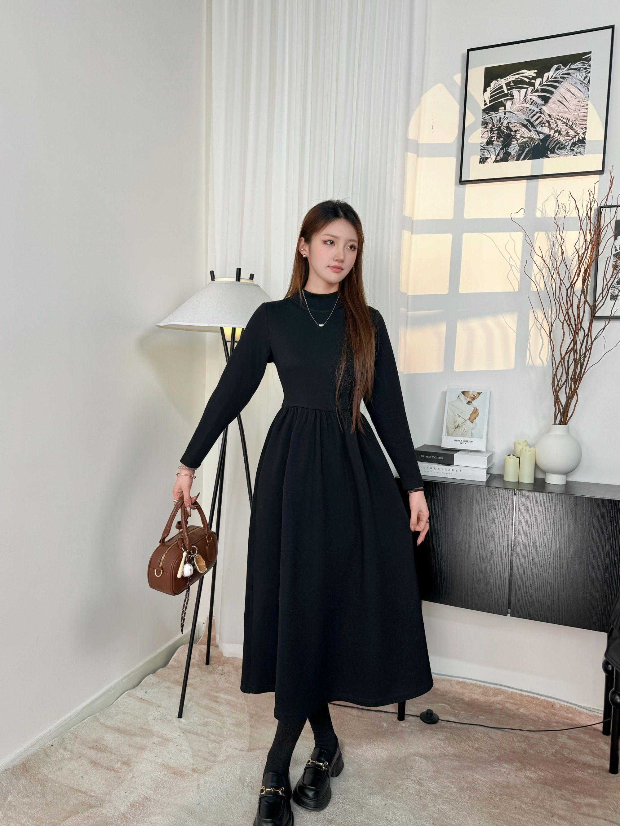 秋冬加厚加绒遮肉遮肚腩连衣裙拼接设计感时尚法式长袖裙子显瘦