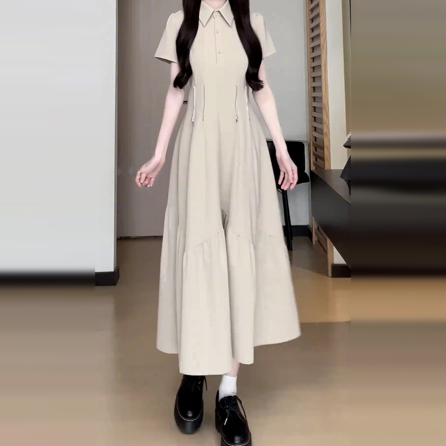 4105新款polo领设计感衬衫连衣裙子女夏季法式收腰巨好看A字长裙