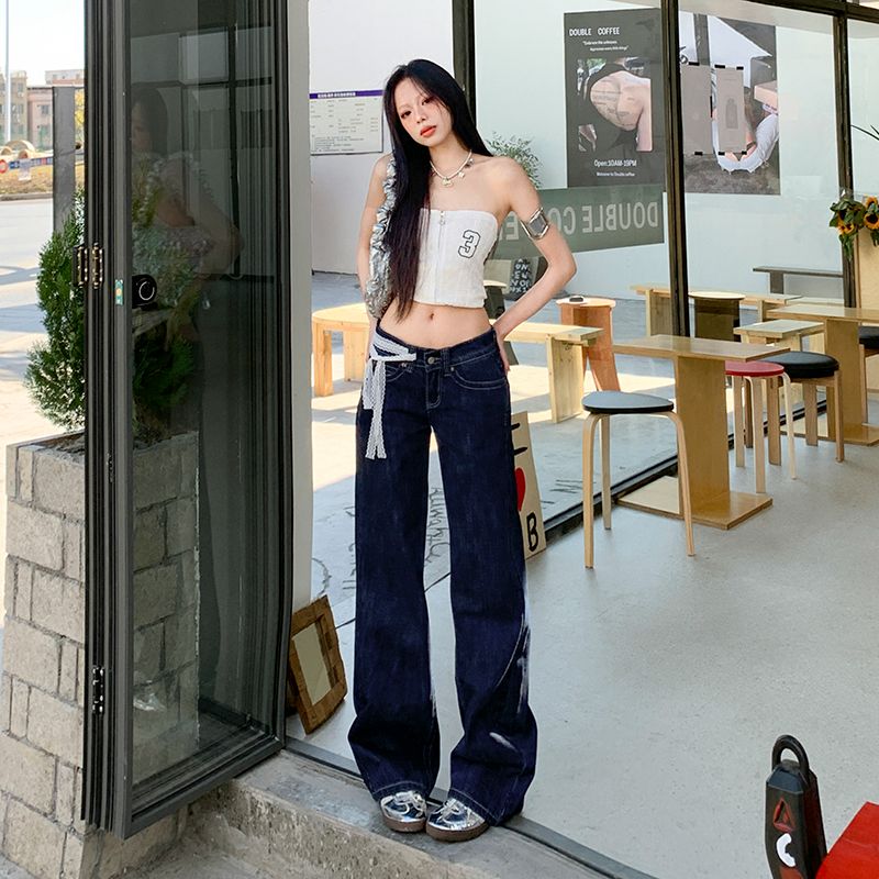 JIAO阔腿侧缝拉高设计牛仔裤女2025夏季新款显瘦拖地裤