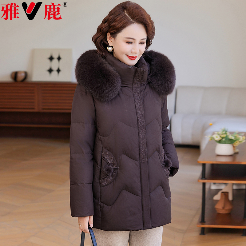雅鹿妈妈装羽绒服中长款2025新款中老年女装狐狸毛领加厚保暖外套