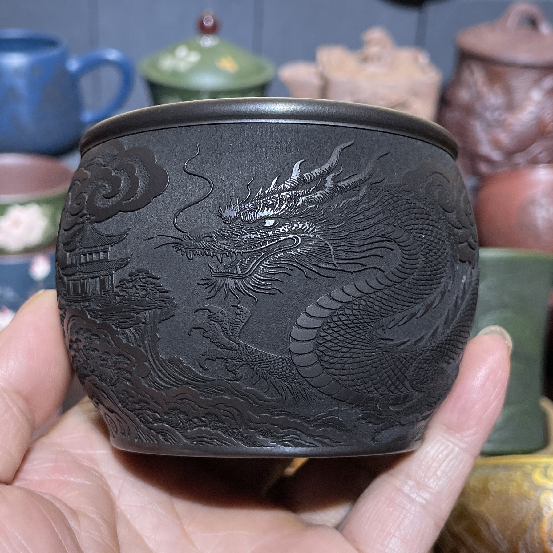 原矿紫砂纯石黄浮雕龙生肖主人杯140CC纯手工双层防烫手茶杯坭香