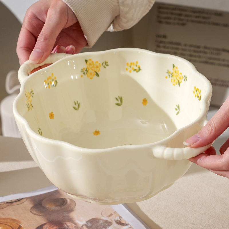 【大汤碗】奶油风琉璃花大容量汤碗勺陶瓷家用汤勺双耳餐具组合